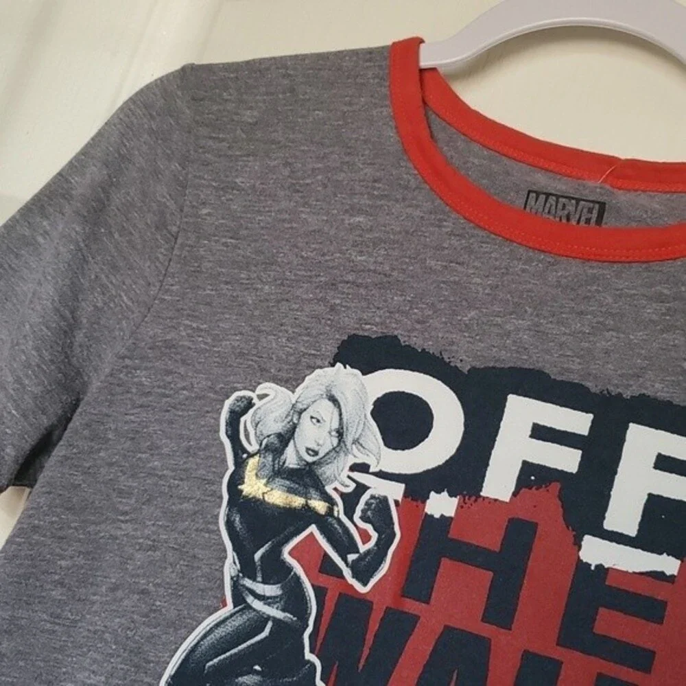 Vans Off The Wall Women's X Captain Marvel Ringer Tee T-Shirt in Grey Racing Red - Picture 2 of 6